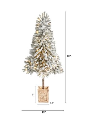 5-Foot Winter Flocked Leaning Artificial Christmas Tree Pre-Lit with 150 LED Lights and 288 Bendable Branches in Decorative Planter