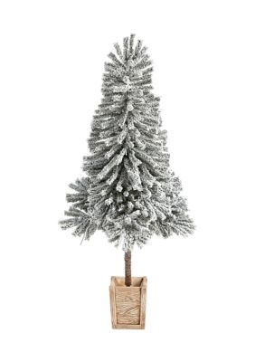 5-Foot Winter Flocked Leaning Artificial Christmas Tree Pre-Lit with 150 LED Lights and 288 Bendable Branches in Decorative Planter