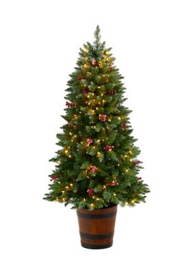 5-Foot Frosted Colorado Aspen Pre-Lit Artificial Porch Christmas Tree with 200 LED lights, 426 Bendable Branches and Berries in Decorative Planter