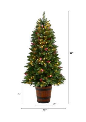 5-Foot Frosted Colorado Aspen Pre-Lit Artificial Porch Christmas Tree with 200 LED lights, 426 Bendable Branches and Berries in Decorative Planter