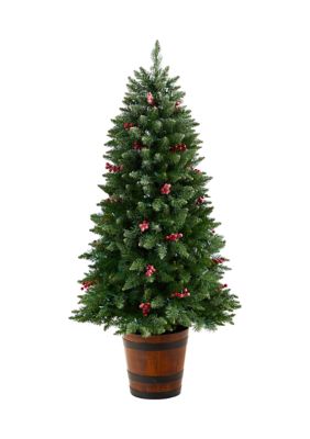 5-Foot Frosted Colorado Aspen Pre-Lit Artificial Porch Christmas Tree with 200 LED lights, 426 Bendable Branches and Berries in Decorative Planter