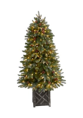 5-Foot Colorado Fir Flocked Dusted Artificial Christmas Tree with 300 LED Lights, 514 Bendable Branches and Pinecones in Decorative Planter