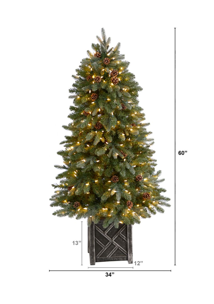 5-Foot Colorado Fir Flocked Dusted Artificial Christmas Tree with 300 LED Lights, 514 Bendable Branches and Pinecones in Decorative Planter