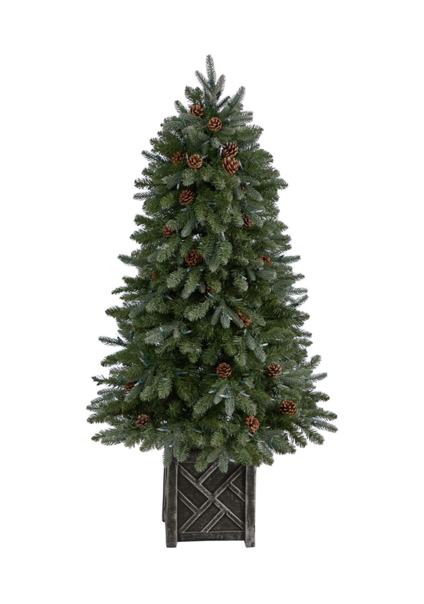 5-Foot Colorado Fir Flocked Dusted Artificial Christmas Tree with 300 LED Lights, 514 Bendable Branches and Pinecones in Decorative Planter