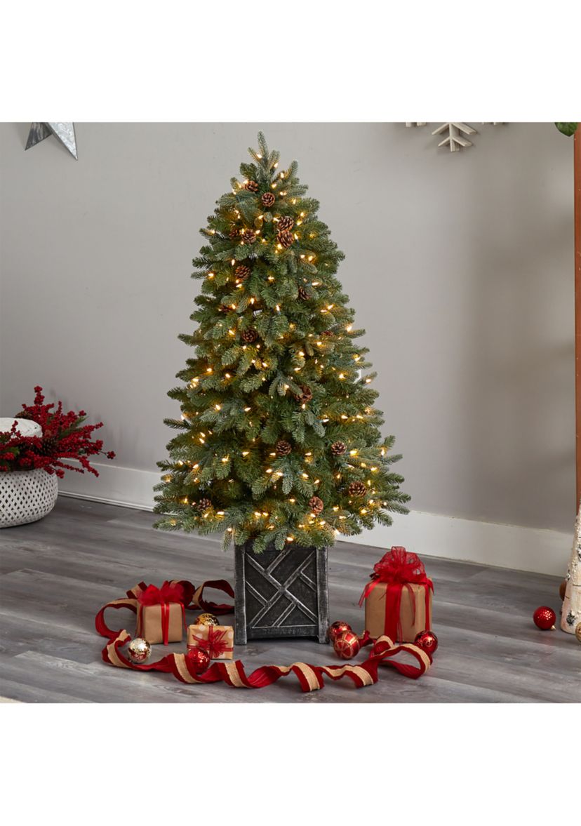 5-Foot Colorado Fir Flocked Dusted Artificial Christmas Tree with 300 LED Lights, 514 Bendable Branches and Pinecones in Decorative Planter