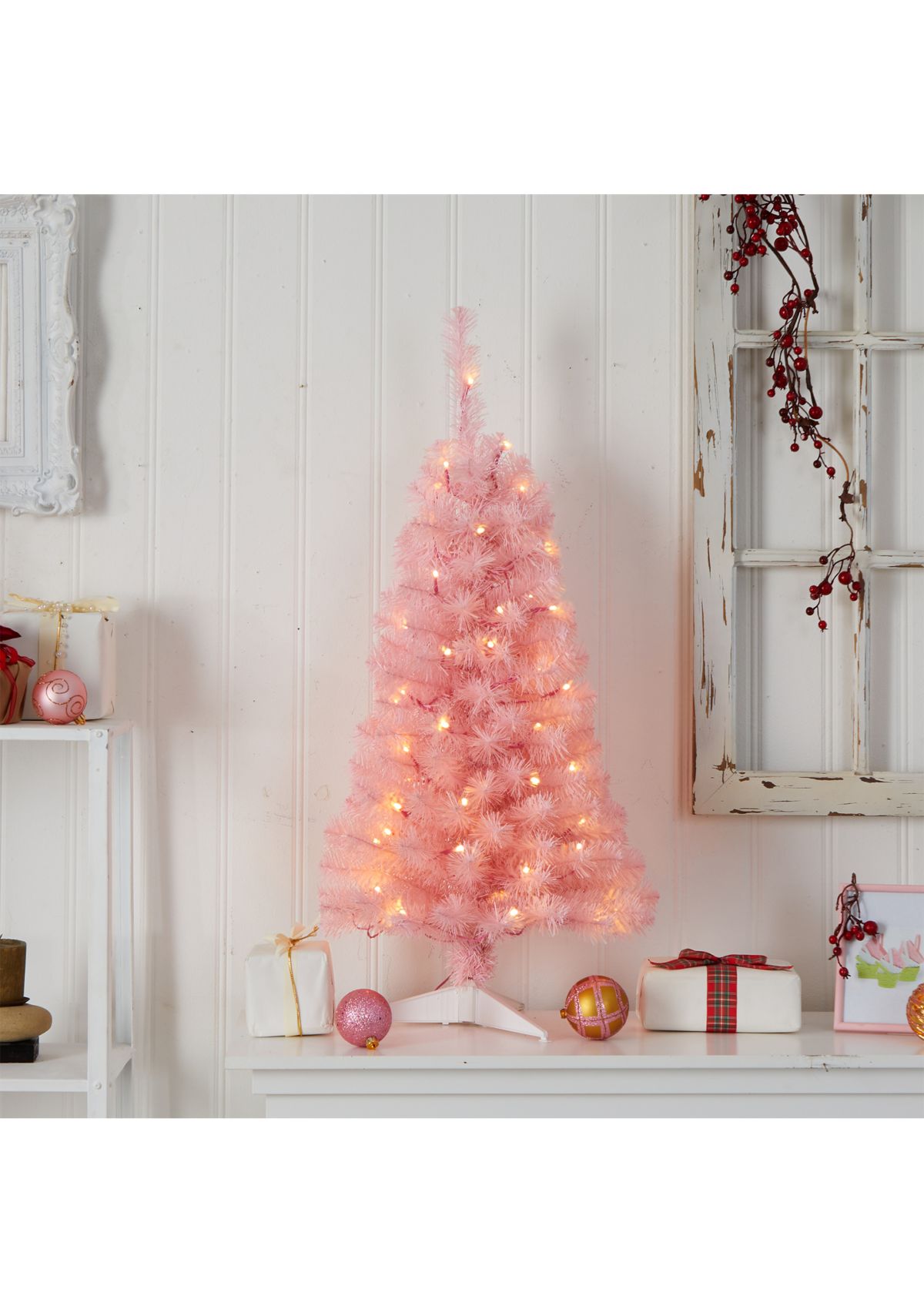 3 Foot Pink Artificial Christmas Tree with 50 LED Lights and 118 Bendable Branches