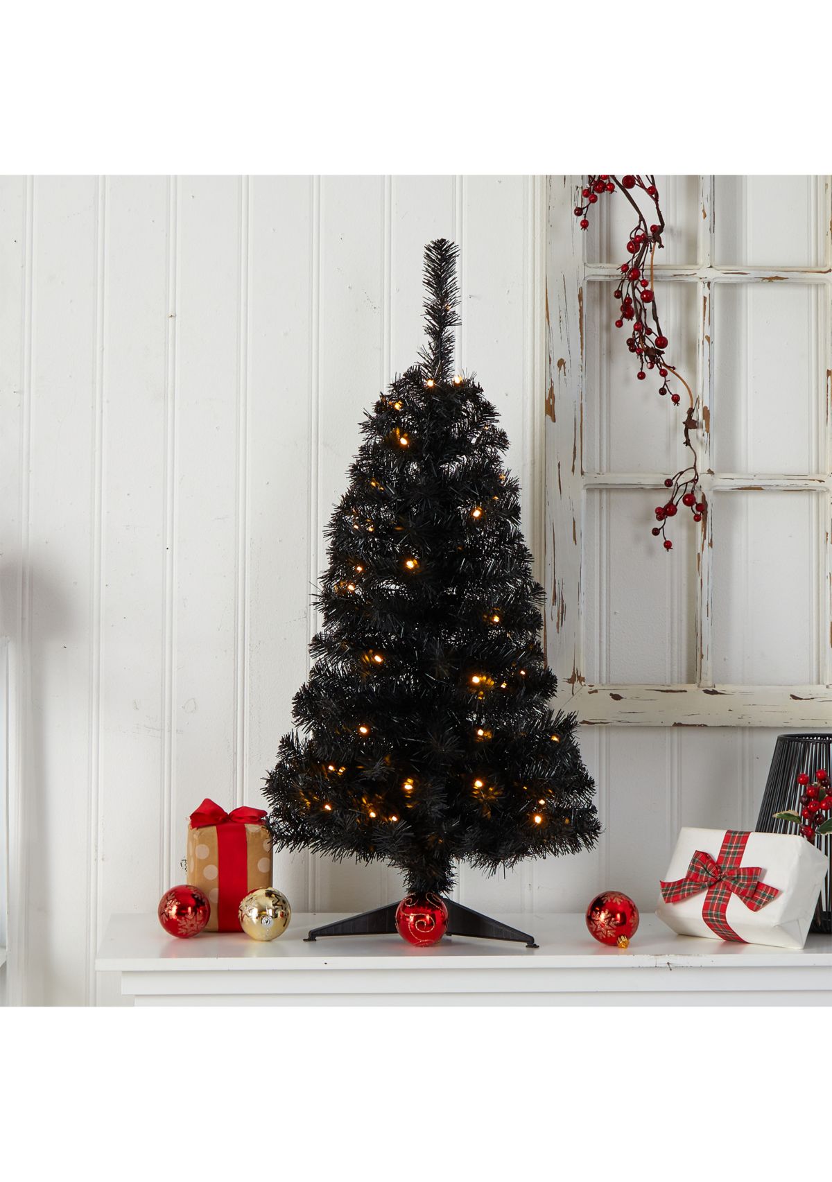 3 Foot Black Artificial Christmas Tree with 50 LED Lights and 118 Bendable Branches