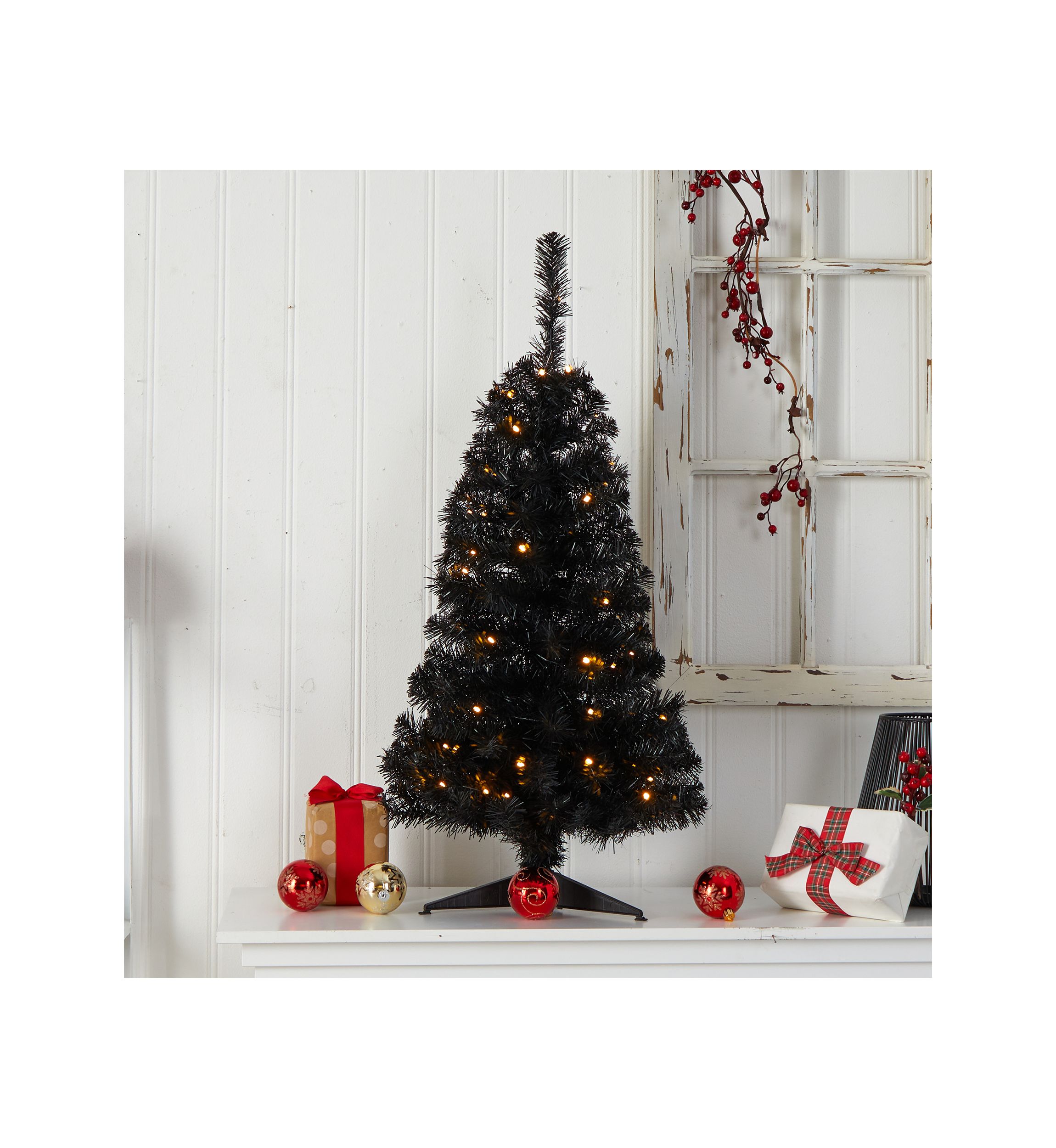 3 Foot Black Artificial Christmas Tree with 50 LED Lights and 118 Bendable Branches