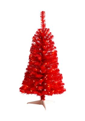 Nearly Natural 3 Foot Red Artificial Christmas Tree with 50 LED Lights and 118 Bendable Branches