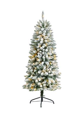 Nearly Natural 5 Foot Slim Flocked Montreal Fir Artificial Christmas Tree with 150 Warm White LED Lights and 491 Bendable Branches, Green