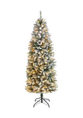 Nearly Natural 6' Slim Flocked Montreal Fir Artificial Christmas Tree with 250 Warm White LED Lights and 743 Bendable Branches