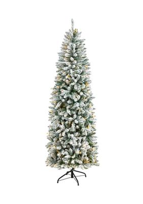 Nearly Natural 7 Foot Slim Flocked Montreal Fir Artificial Christmas Tree with 300 Warm White LED Lights and 995 Bendable Branches, Green