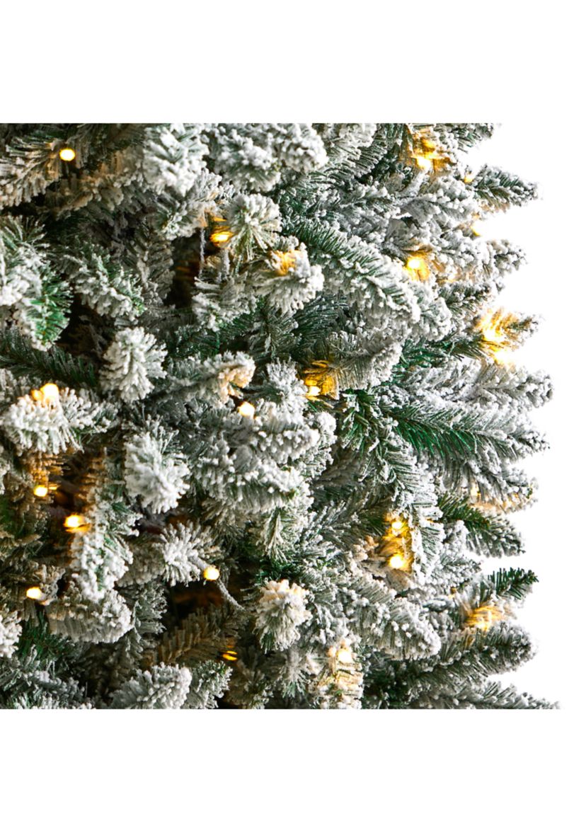 7 Foot Slim Flocked Montreal Fir Artificial Christmas Tree with 300 Warm White LED Lights and 995 Bendable Branches