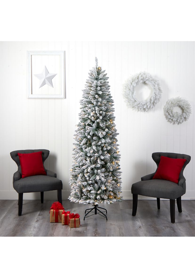 7 Foot Slim Flocked Montreal Fir Artificial Christmas Tree with 300 Warm White LED Lights and 995 Bendable Branches