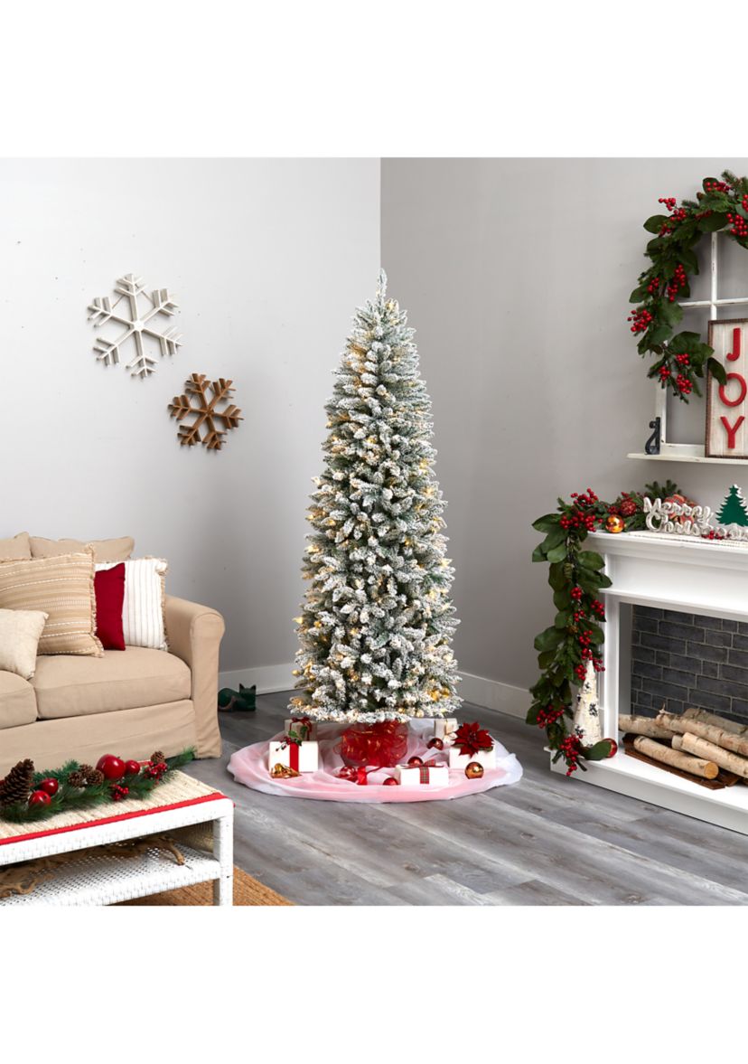 7 Foot Slim Flocked Montreal Fir Artificial Christmas Tree with 300 Warm White LED Lights and 995 Bendable Branches
