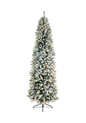 Nearly Natural 8 Foot Slim Flocked Montreal Fir Artificial Christmas Tree with 400 Warm White LED Lights and 1348 Bendable Branches, Green, 9 Foot