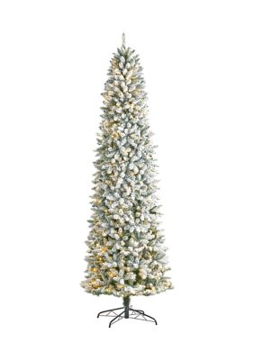 Nearly Natural 9 Foot Slim Flocked Montreal Fir Artificial Christmas Tree with 600 Warm White LED Lights and 1860 Bendable Branches, Green