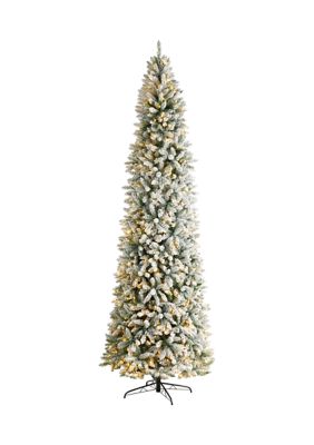 Nearly Natural 10 Foot Slim Flocked Montreal Fir Artificial Christmas Tree with 800 Warm White LED Lights and 2420 Bendable Branches, Green