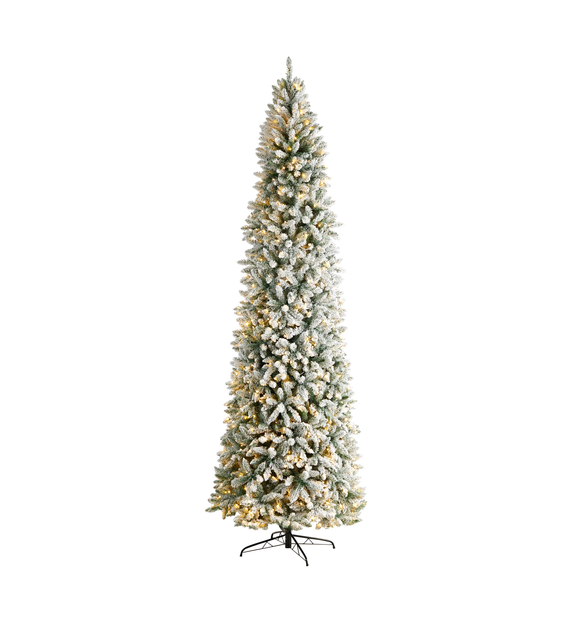 10 Foot Slim Flocked Montreal Fir Artificial Christmas Tree with 800 Warm White LED Lights and 2420 Bendable Branches