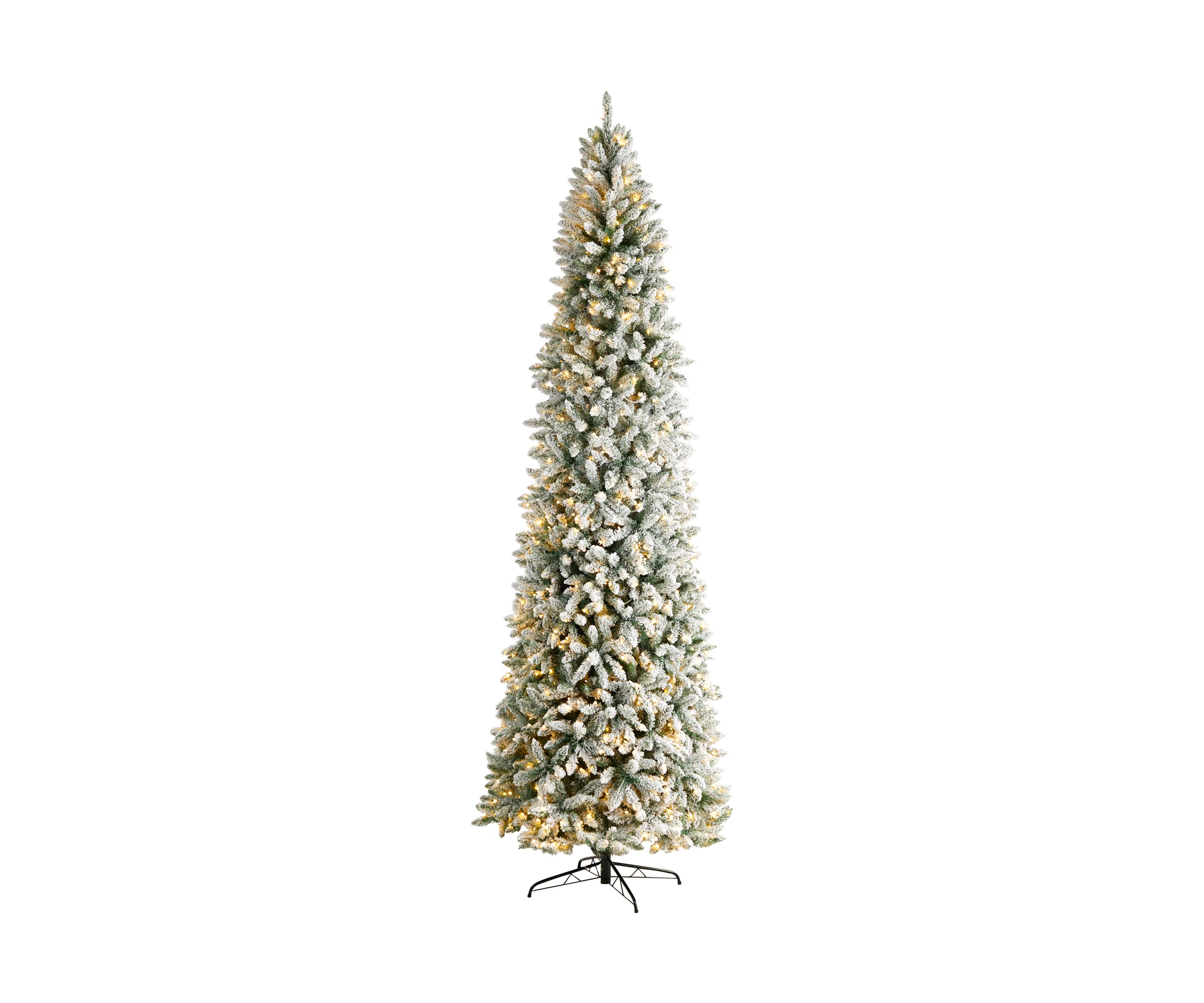 10 Foot Slim Flocked Montreal Fir Artificial Christmas Tree with 800 Warm White LED Lights and 2420 Bendable Branches