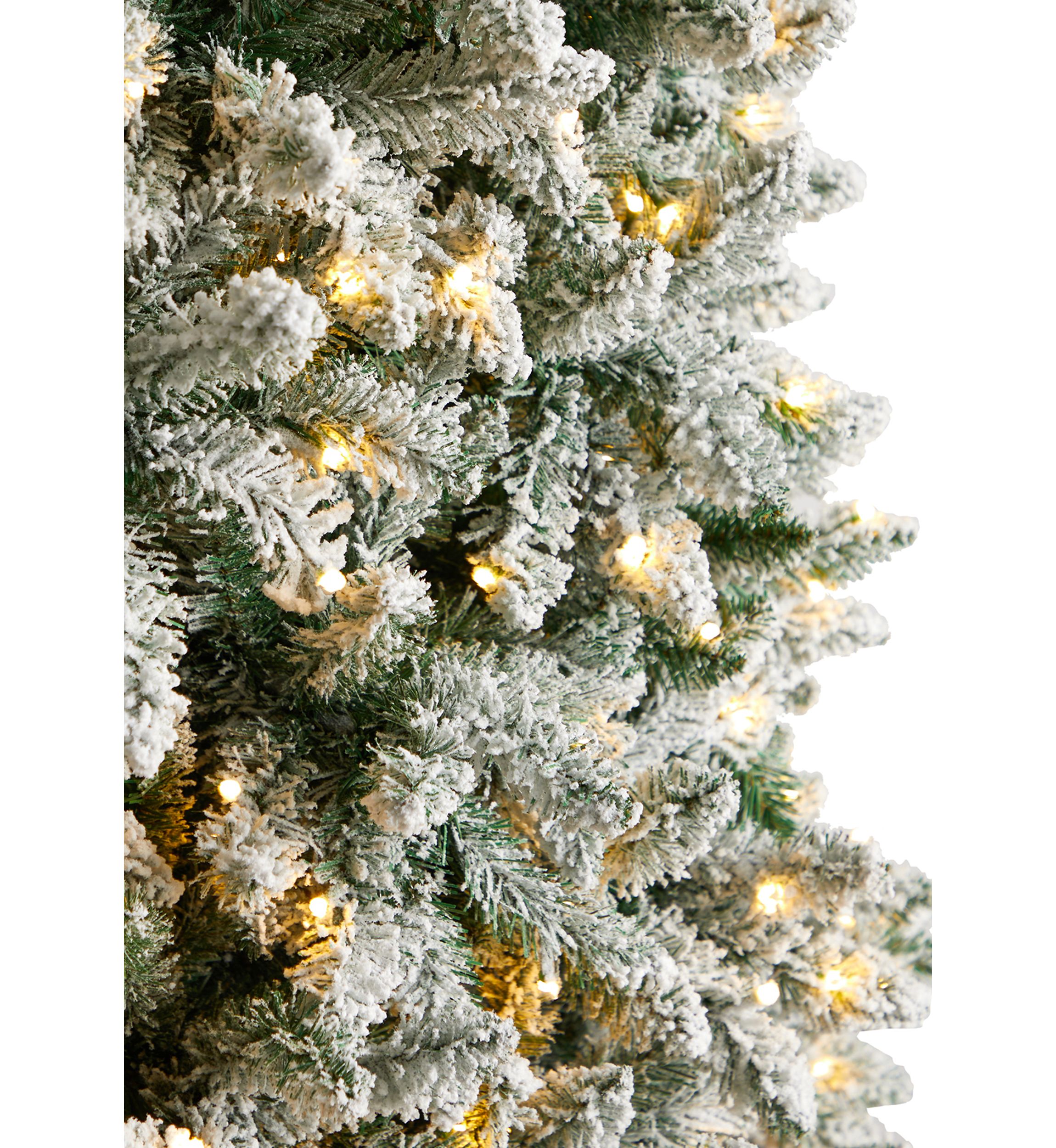 10 Foot Slim Flocked Montreal Fir Artificial Christmas Tree with 800 Warm White LED Lights and 2420 Bendable Branches