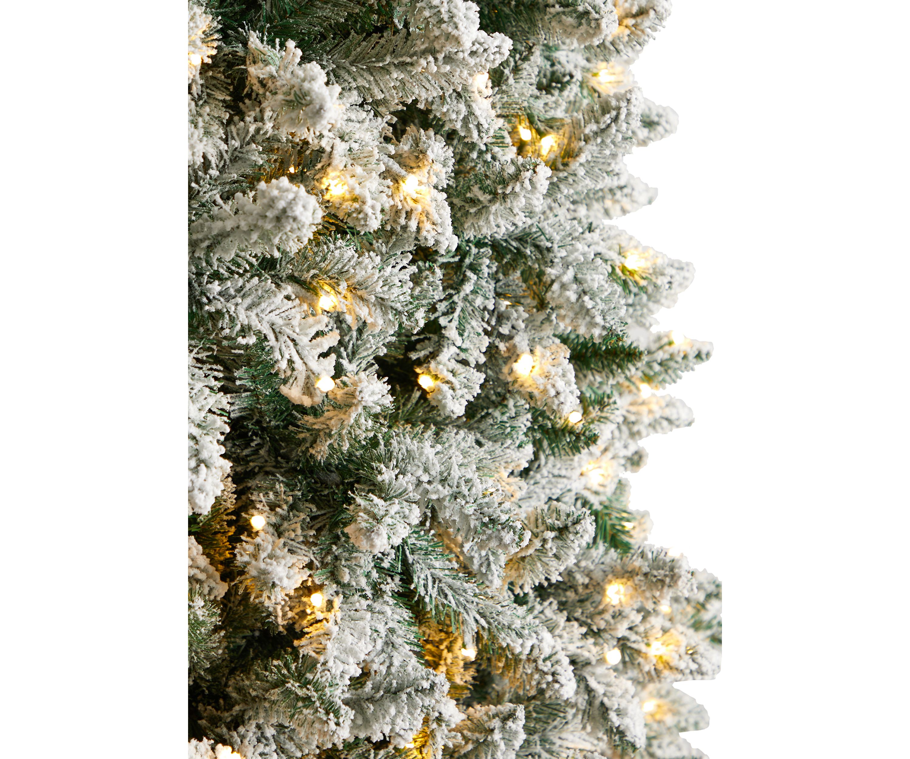 10 Foot Slim Flocked Montreal Fir Artificial Christmas Tree with 800 Warm White LED Lights and 2420 Bendable Branches