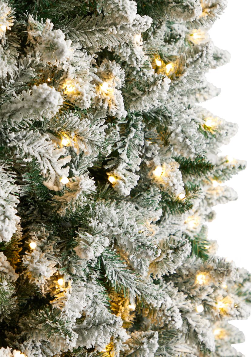 10 Foot Slim Flocked Montreal Fir Artificial Christmas Tree with 800 Warm White LED Lights and 2420 Bendable Branches