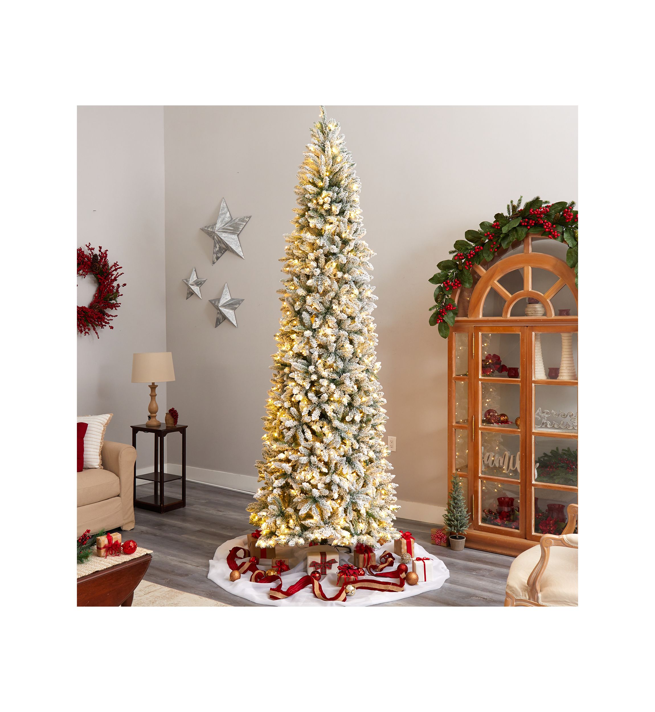 10 Foot Slim Flocked Montreal Fir Artificial Christmas Tree with 800 Warm White LED Lights and 2420 Bendable Branches