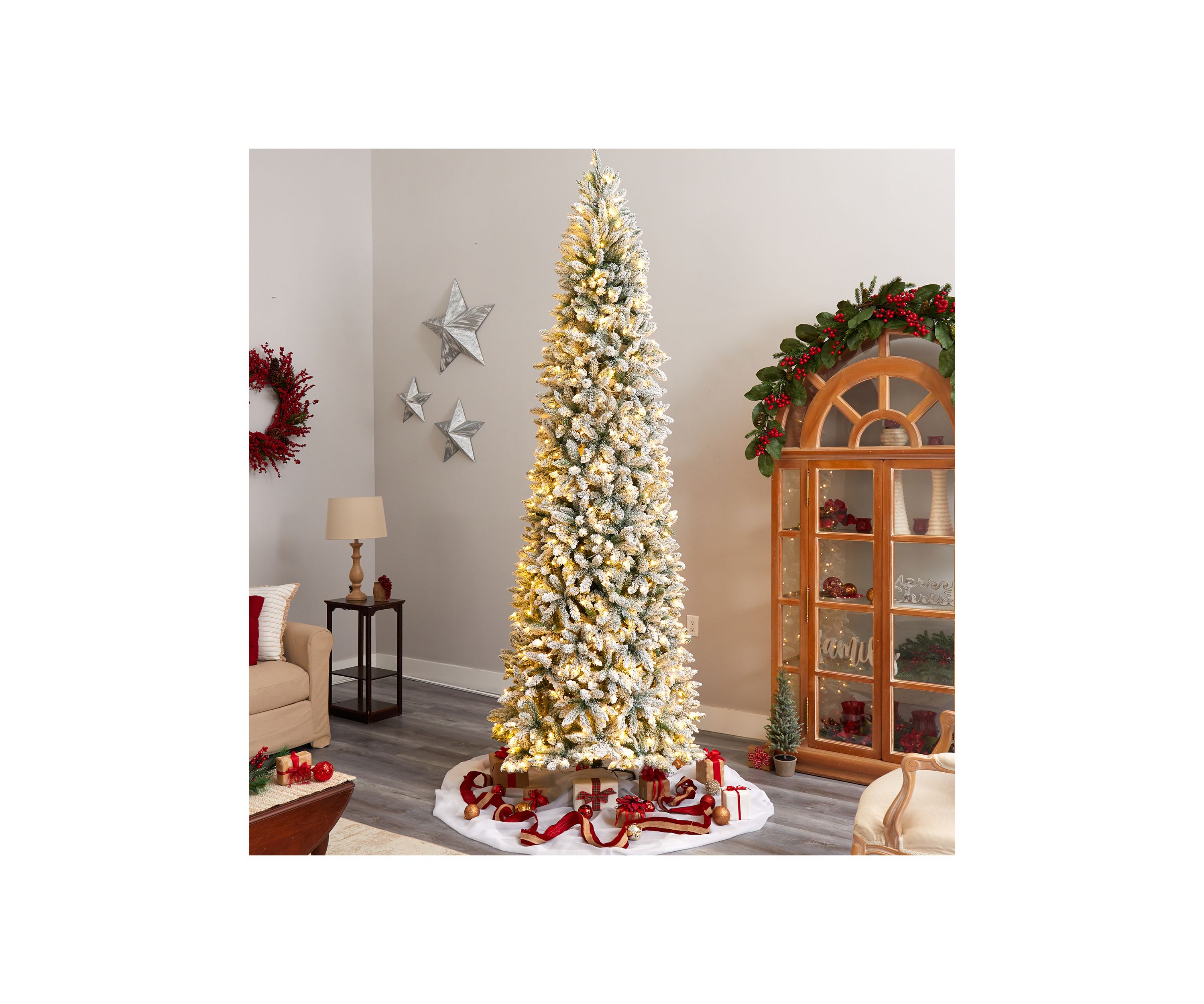 10 Foot Slim Flocked Montreal Fir Artificial Christmas Tree with 800 Warm White LED Lights and 2420 Bendable Branches
