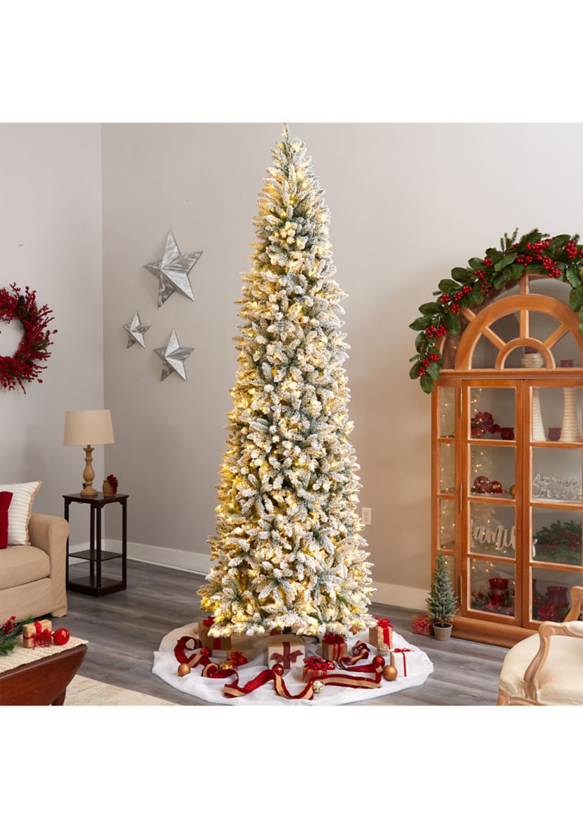 10 Foot Slim Flocked Montreal Fir Artificial Christmas Tree with 800 Warm White LED Lights and 2420 Bendable Branches