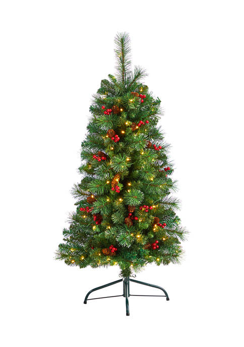4 Foot Flat Back Montreal Mountain Pine Artificial Christmas Tree with Pinecones, Berries and 80 Warm White LED Lights and 145 Bendable Branches