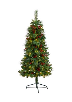 Nearly Natural 5 Foot Flat Back Montreal Mountain Pine Artificial Christmas Tree with Pinecones, Berries and 110 Warm White LED Lights, Green