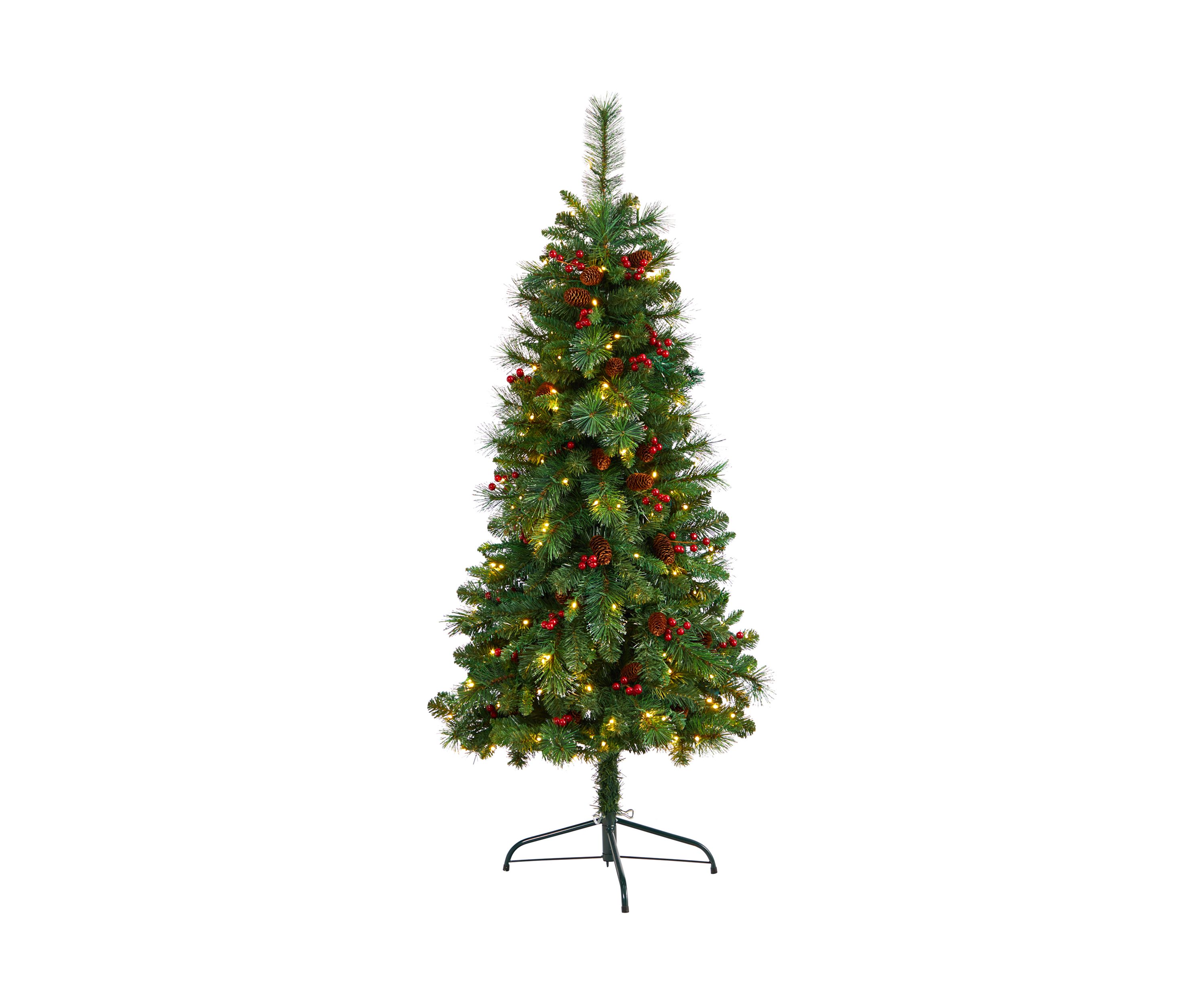 5 Foot Flat Back Montreal Mountain Pine Artificial Christmas Tree with Pinecones, Berries and 110 Warm White LED Lights and 223 Bendable Branches