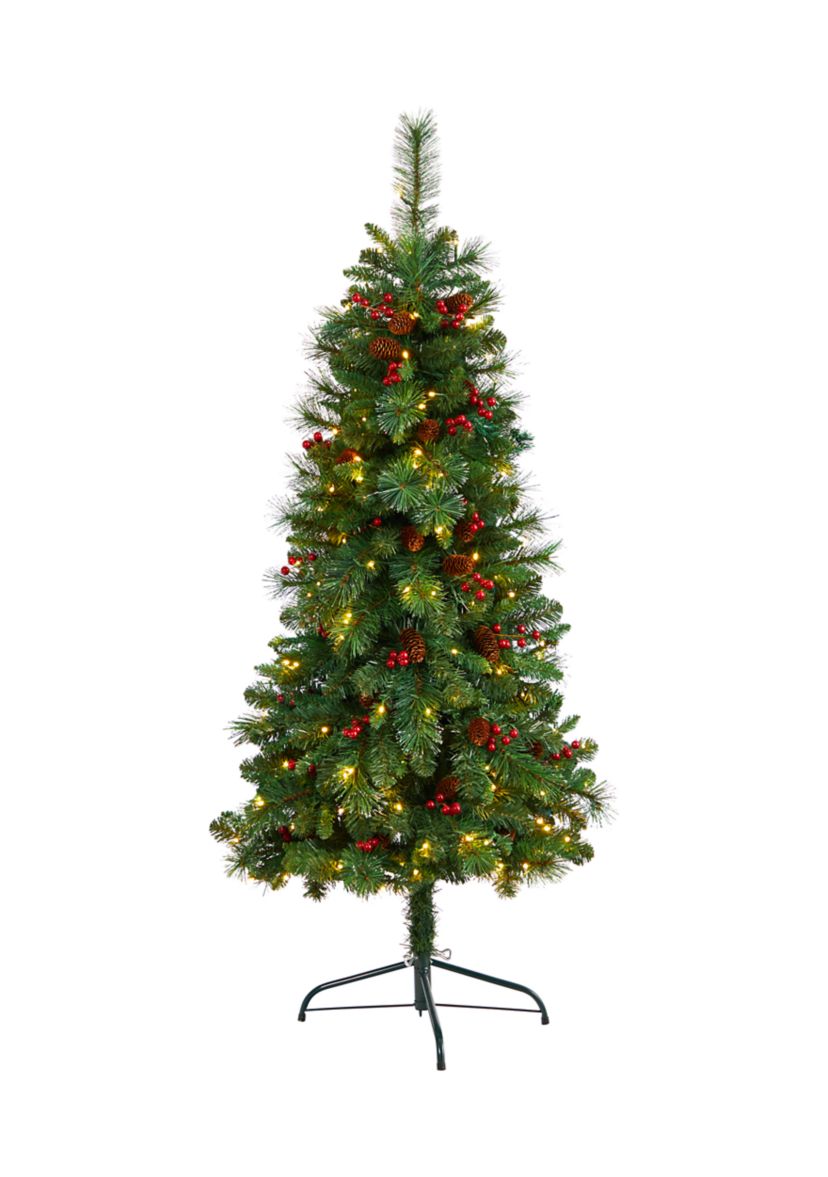 5 Foot Flat Back Montreal Mountain Pine Artificial Christmas Tree with Pinecones, Berries and 110 Warm White LED Lights and 223 Bendable Branches