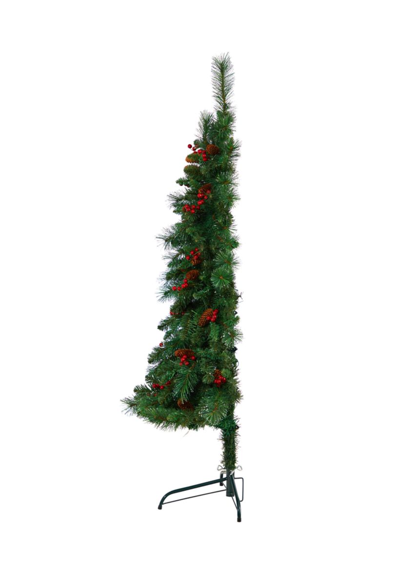 5 Foot Flat Back Montreal Mountain Pine Artificial Christmas Tree with Pinecones, Berries and 110 Warm White LED Lights and 223 Bendable Branches