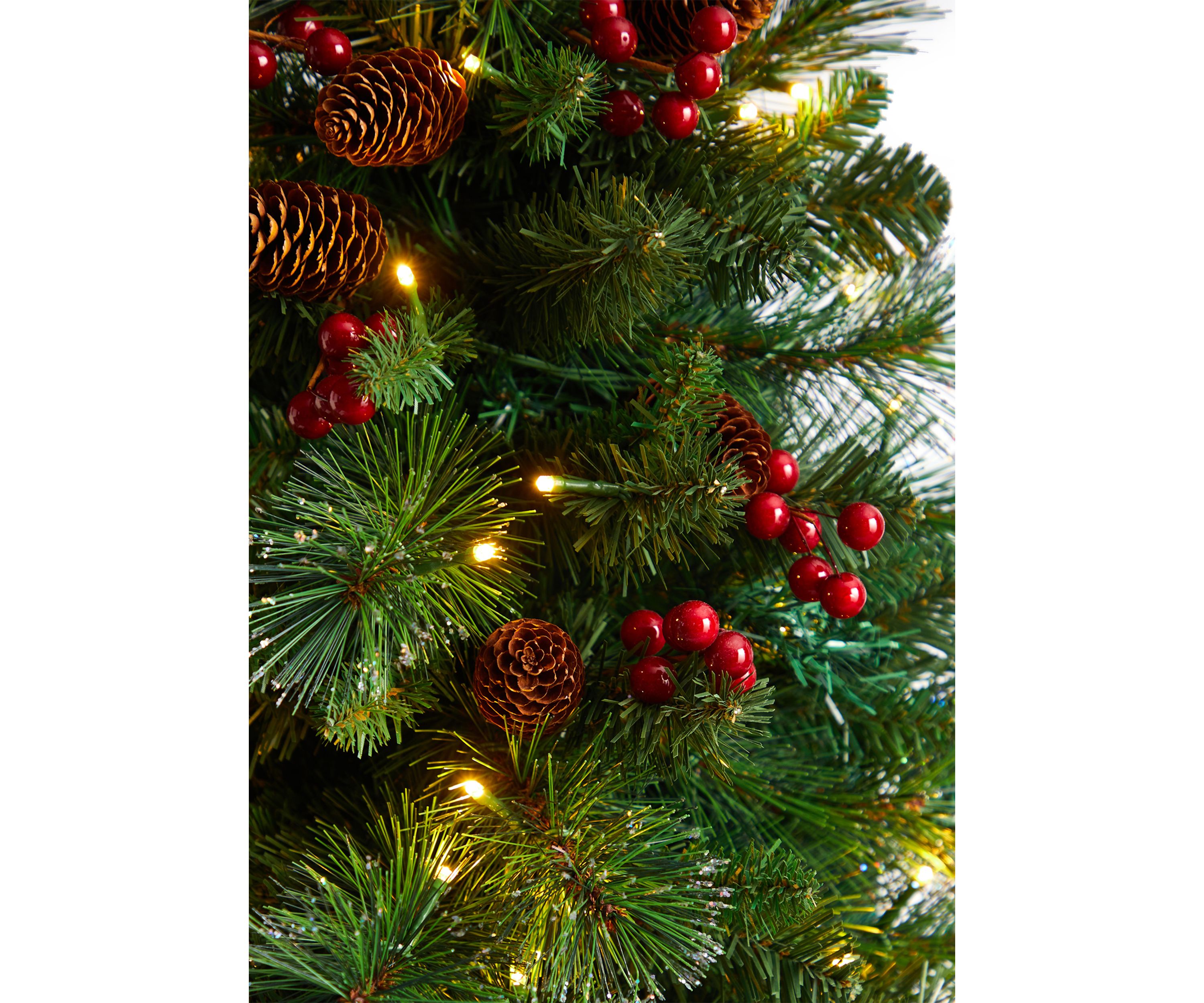 5 Foot Flat Back Montreal Mountain Pine Artificial Christmas Tree with Pinecones, Berries and 110 Warm White LED Lights and 223 Bendable Branches