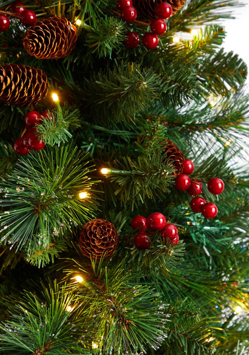 5 Foot Flat Back Montreal Mountain Pine Artificial Christmas Tree with Pinecones, Berries and 110 Warm White LED Lights and 223 Bendable Branches