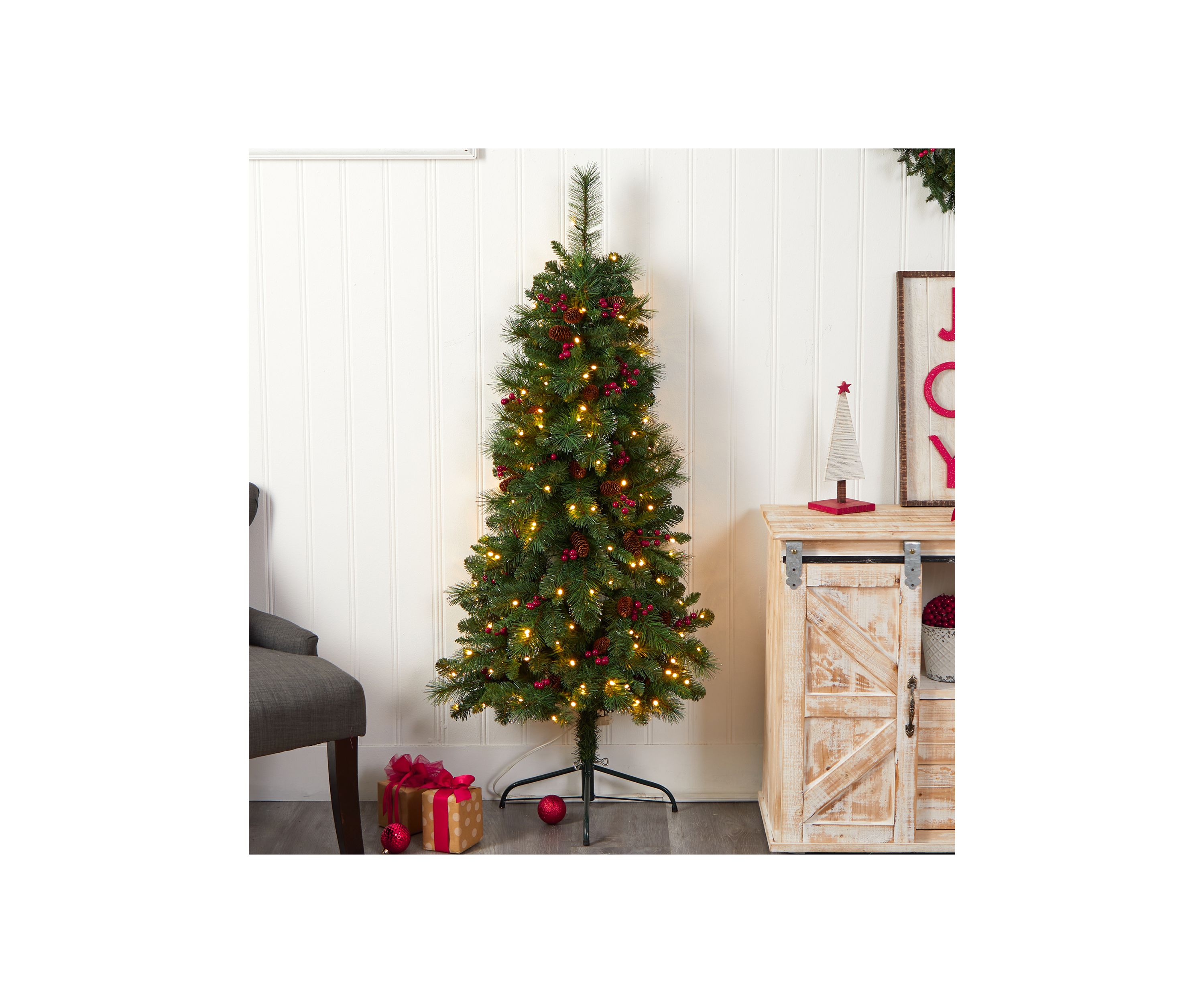 5 Foot Flat Back Montreal Mountain Pine Artificial Christmas Tree with Pinecones, Berries and 110 Warm White LED Lights and 223 Bendable Branches