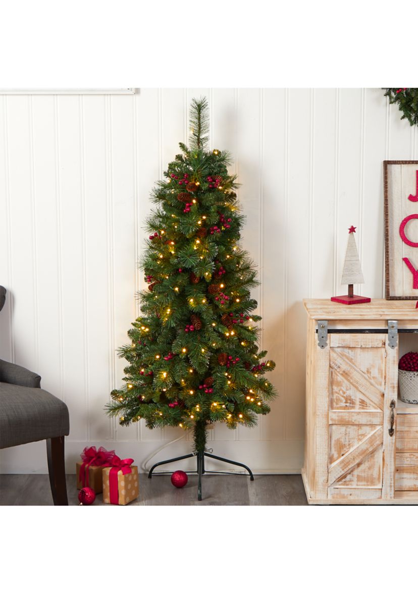 5 Foot Flat Back Montreal Mountain Pine Artificial Christmas Tree with Pinecones, Berries and 110 Warm White LED Lights and 223 Bendable Branches
