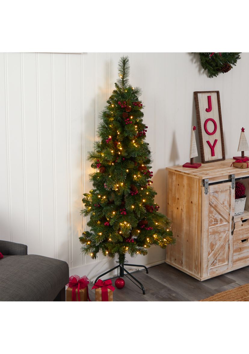 5 Foot Flat Back Montreal Mountain Pine Artificial Christmas Tree with Pinecones, Berries and 110 Warm White LED Lights and 223 Bendable Branches