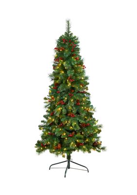Nearly Natural 6 Foot Flat Back Montreal Mountain Pine Artificial Christmas Tree with Pinecones, Berries and 150 Warm White LED Lights, Green