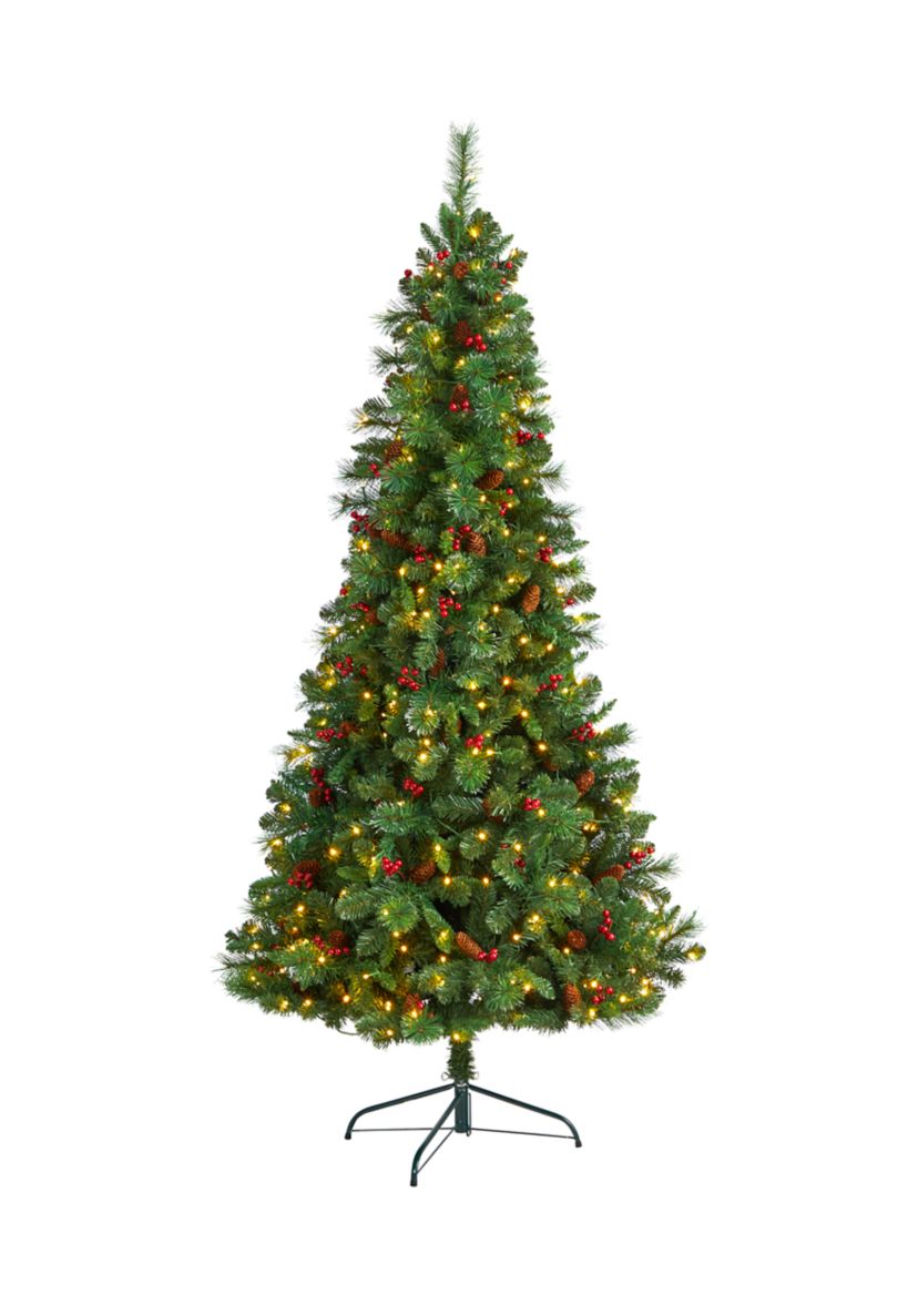 7 Foot Flat Back Montreal Mountain Pine Artificial Christmas Tree with Pinecones, Berries and 210 Warm White LED Lights and 527 Bendable Branches