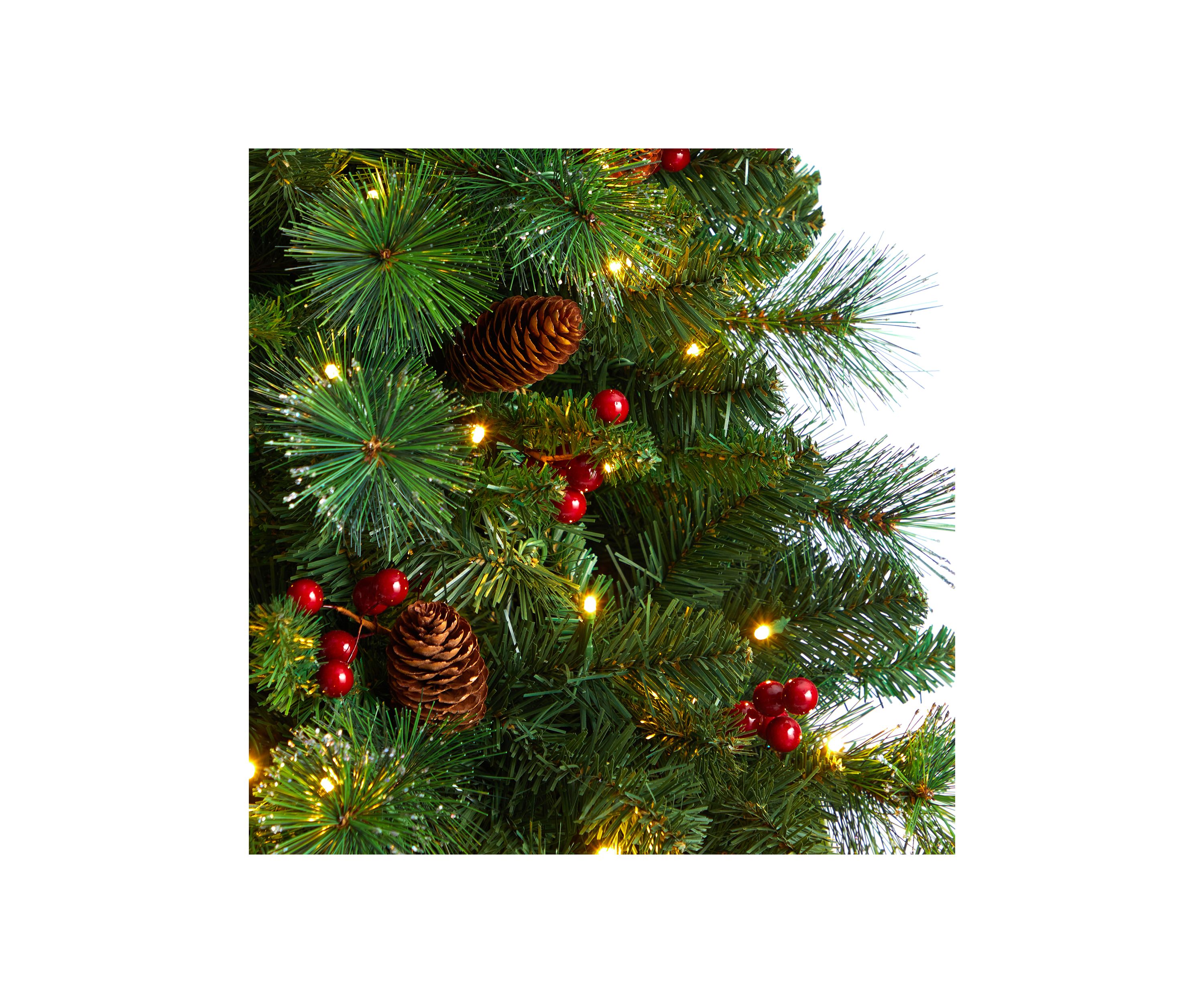 7 Foot Flat Back Montreal Mountain Pine Artificial Christmas Tree with Pinecones, Berries and 210 Warm White LED Lights and 527 Bendable Branches