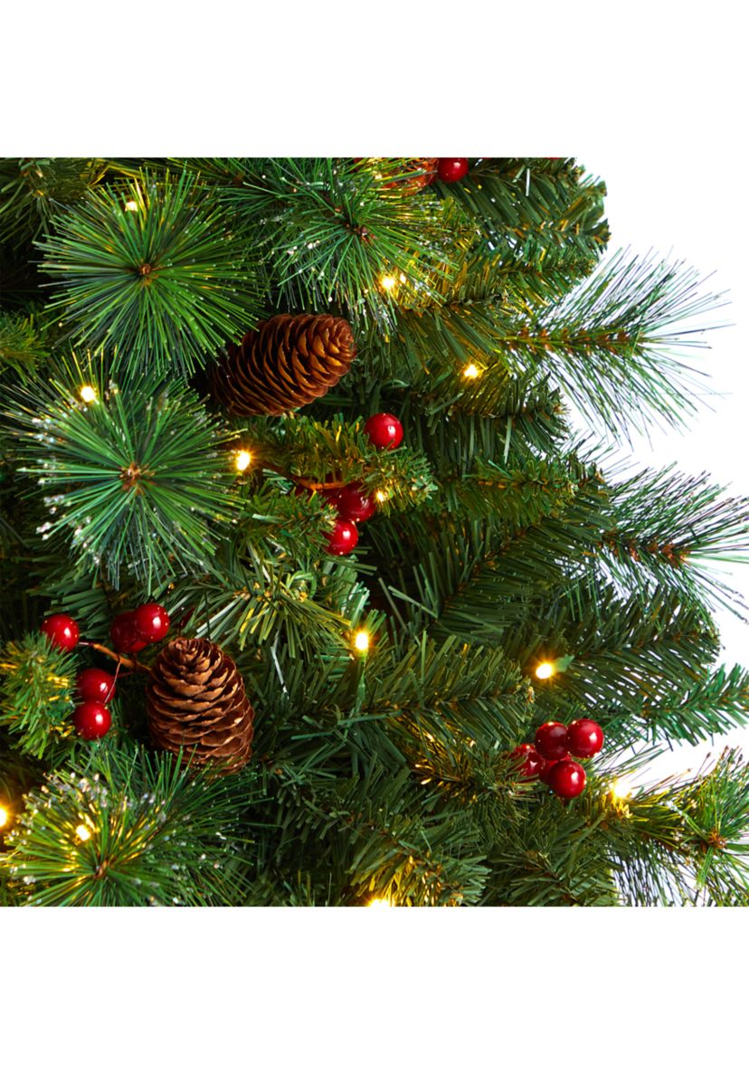 7 Foot Flat Back Montreal Mountain Pine Artificial Christmas Tree with Pinecones, Berries and 210 Warm White LED Lights and 527 Bendable Branches