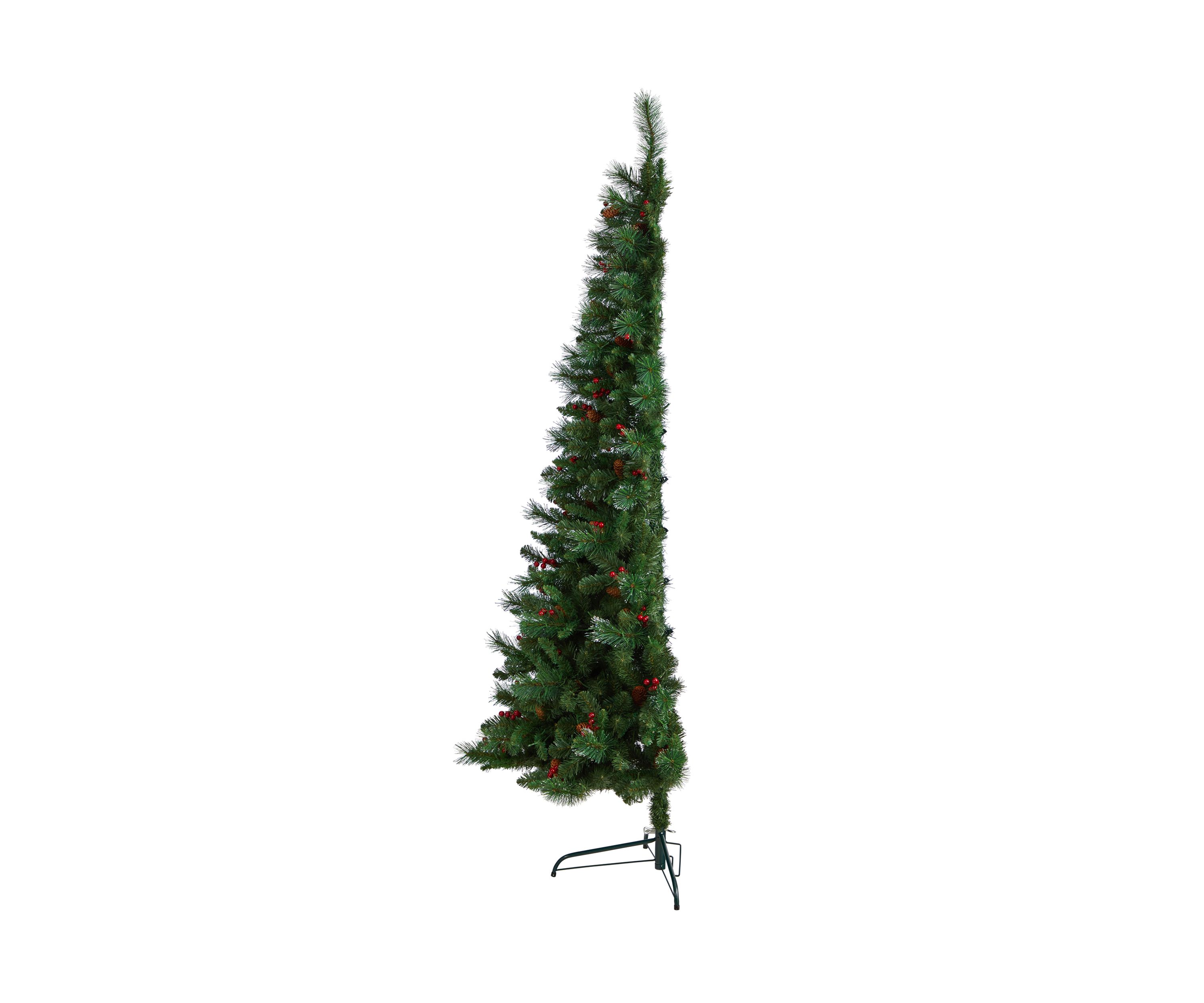 7 Foot Flat Back Montreal Mountain Pine Artificial Christmas Tree with Pinecones, Berries and 210 Warm White LED Lights and 527 Bendable Branches