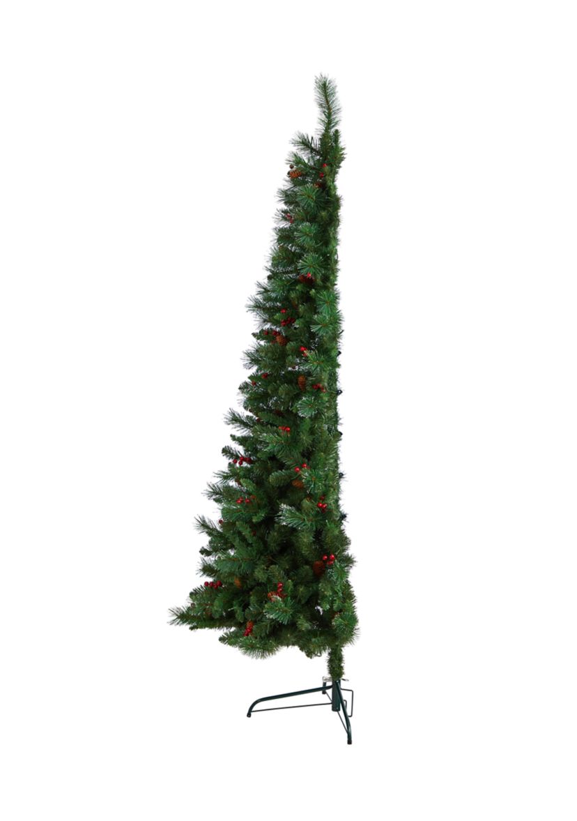 7 Foot Flat Back Montreal Mountain Pine Artificial Christmas Tree with Pinecones, Berries and 210 Warm White LED Lights and 527 Bendable Branches
