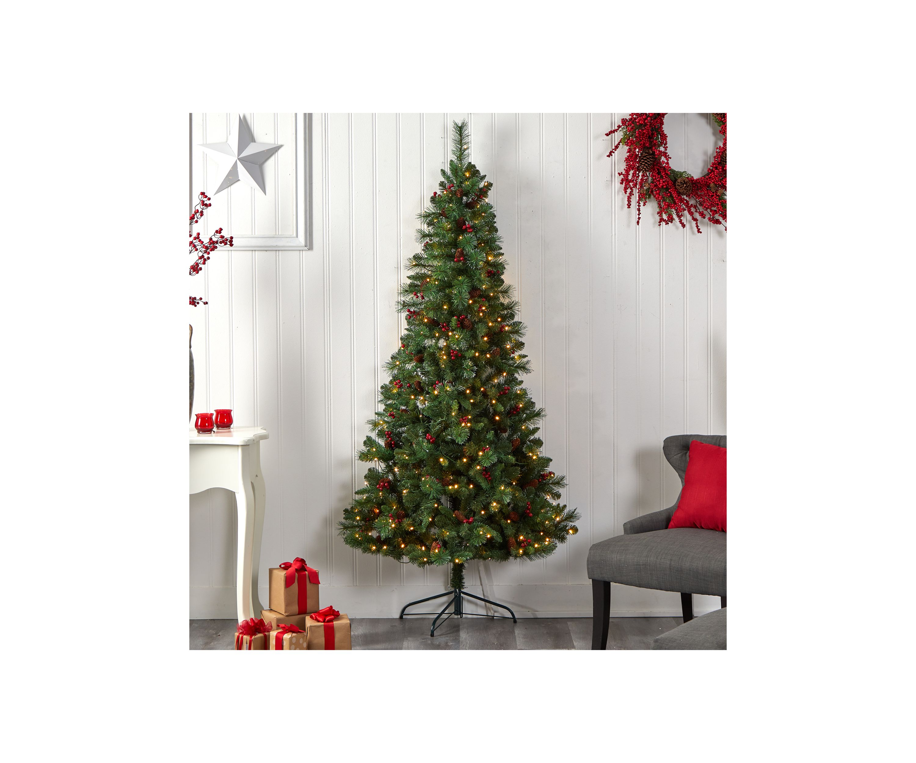 7 Foot Flat Back Montreal Mountain Pine Artificial Christmas Tree with Pinecones, Berries and 210 Warm White LED Lights and 527 Bendable Branches