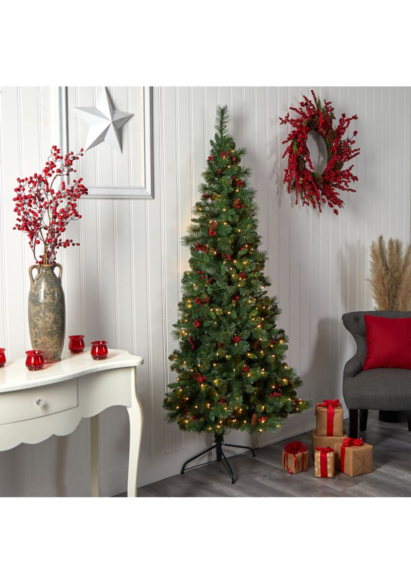 7 Foot Flat Back Montreal Mountain Pine Artificial Christmas Tree with Pinecones, Berries and 210 Warm White LED Lights and 527 Bendable Branches