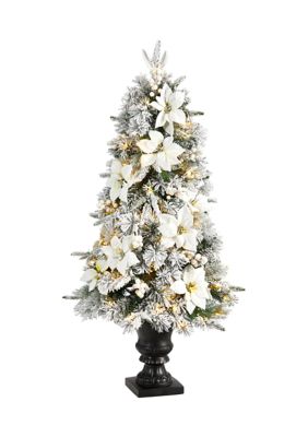 4 Foot Flocked Artificial Christmas Tree with 223 Bendable Branches and 100 Warm Lights in Decorative Urn