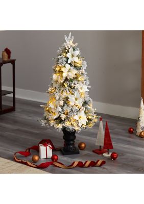 4 Foot Flocked Artificial Christmas Tree with 223 Bendable Branches and 100 Warm Lights in Decorative Urn